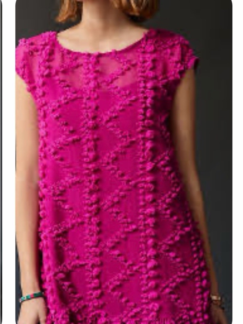 Anthropologie Maeve Blythe Textured Tulle Pom Pom Midi Dress Fuchsia Pink Sz XS